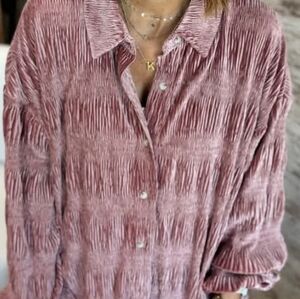 Tiered shirring button down velvet shirt FITS L/XL